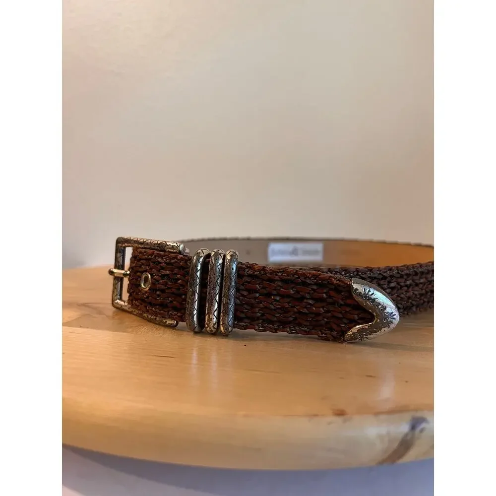 Vintage Woven Brown Barbara & Co Genuine Leather Silver Tipped Belt Size Medium